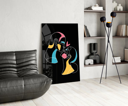 Kissing Couple Line Art Glass Wall Art