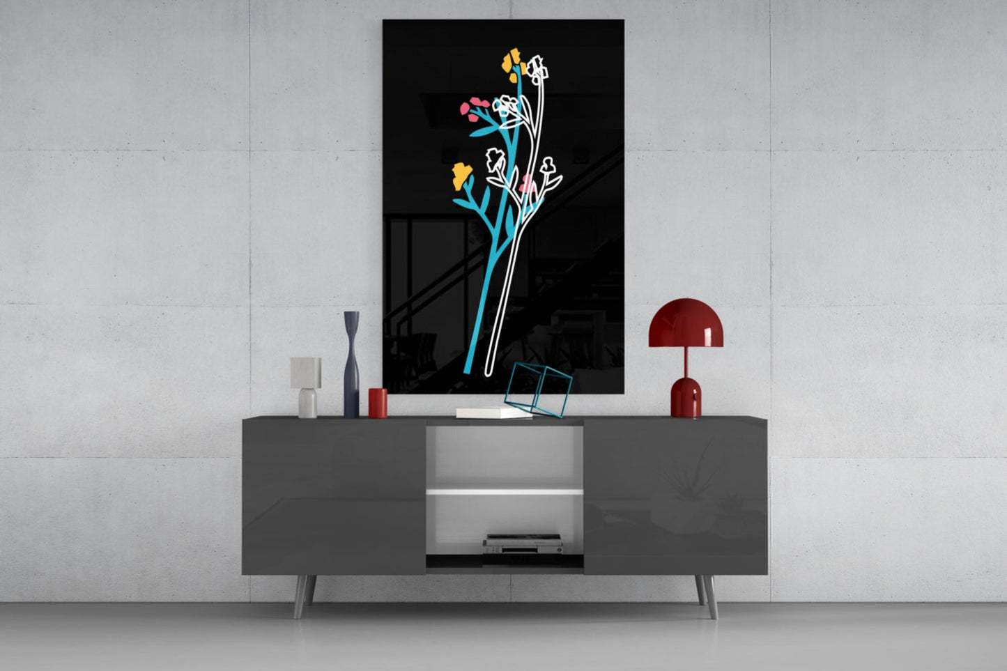 Abstract colorful flowers glass wall art with neon-style lines displayed above gray media console in modern interior setting.