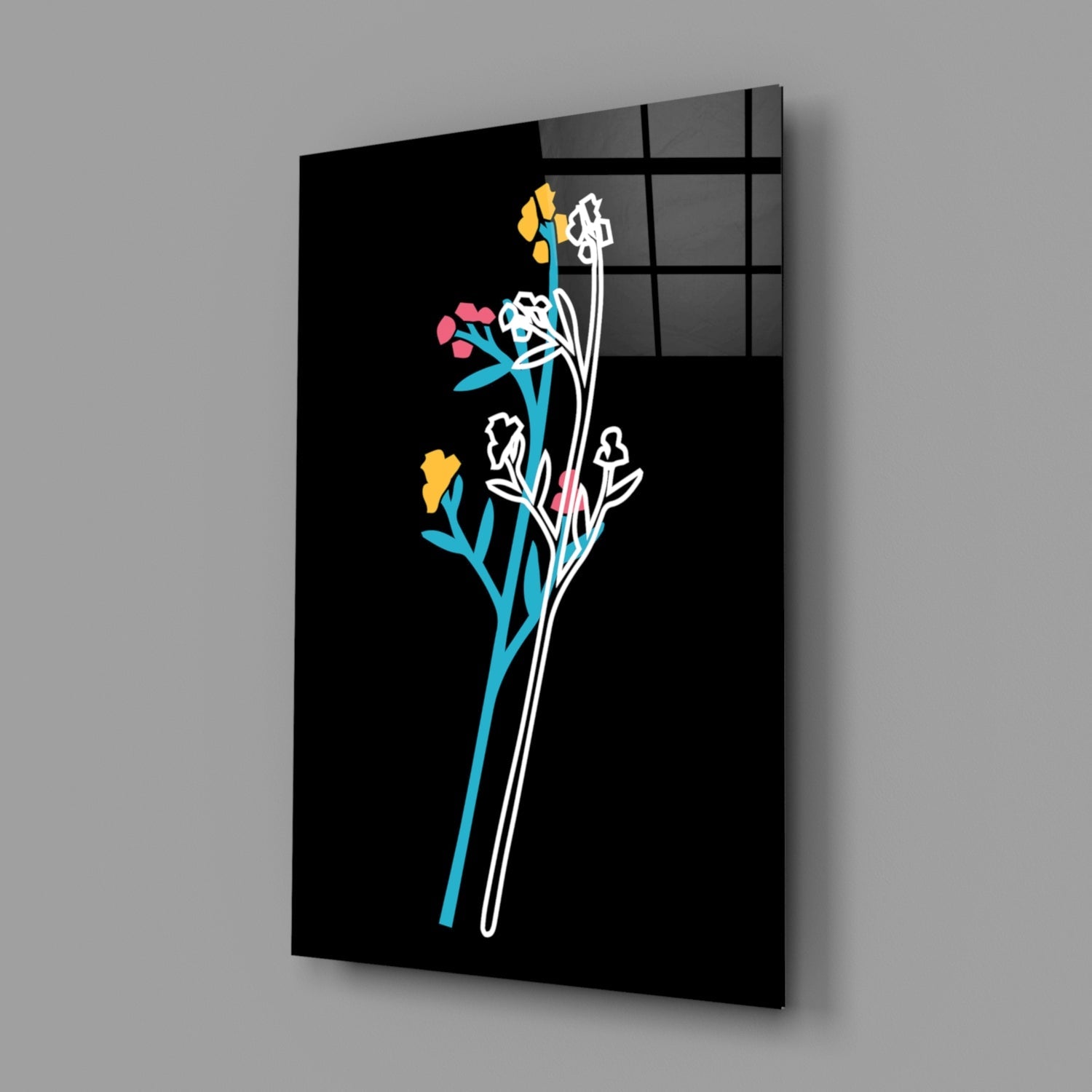 Black glass panel with colorful line-drawn flowers in blue, yellow, pink, and white against dark background, angled three-quarter view.