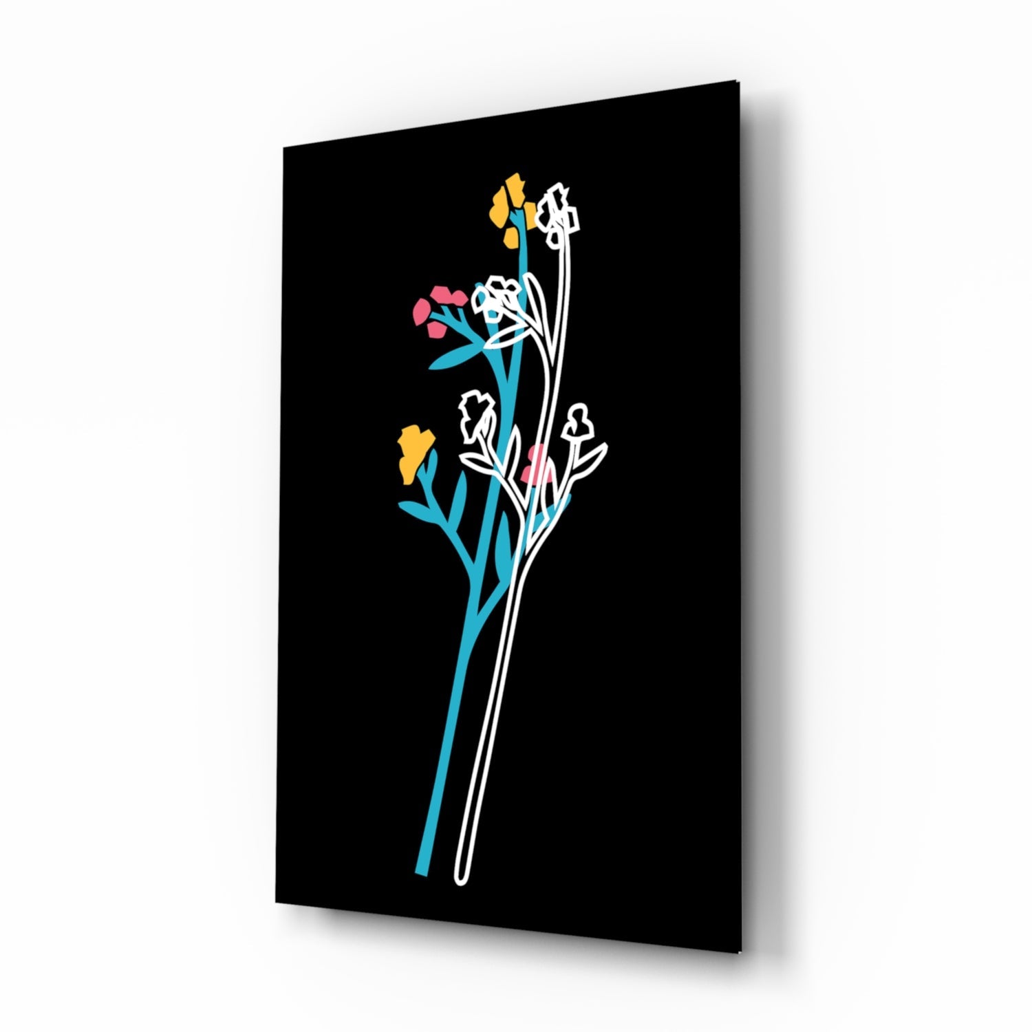 Angled view of black glass panel displaying two stylized flower stems with blue, white, pink, and yellow petals against dark background.