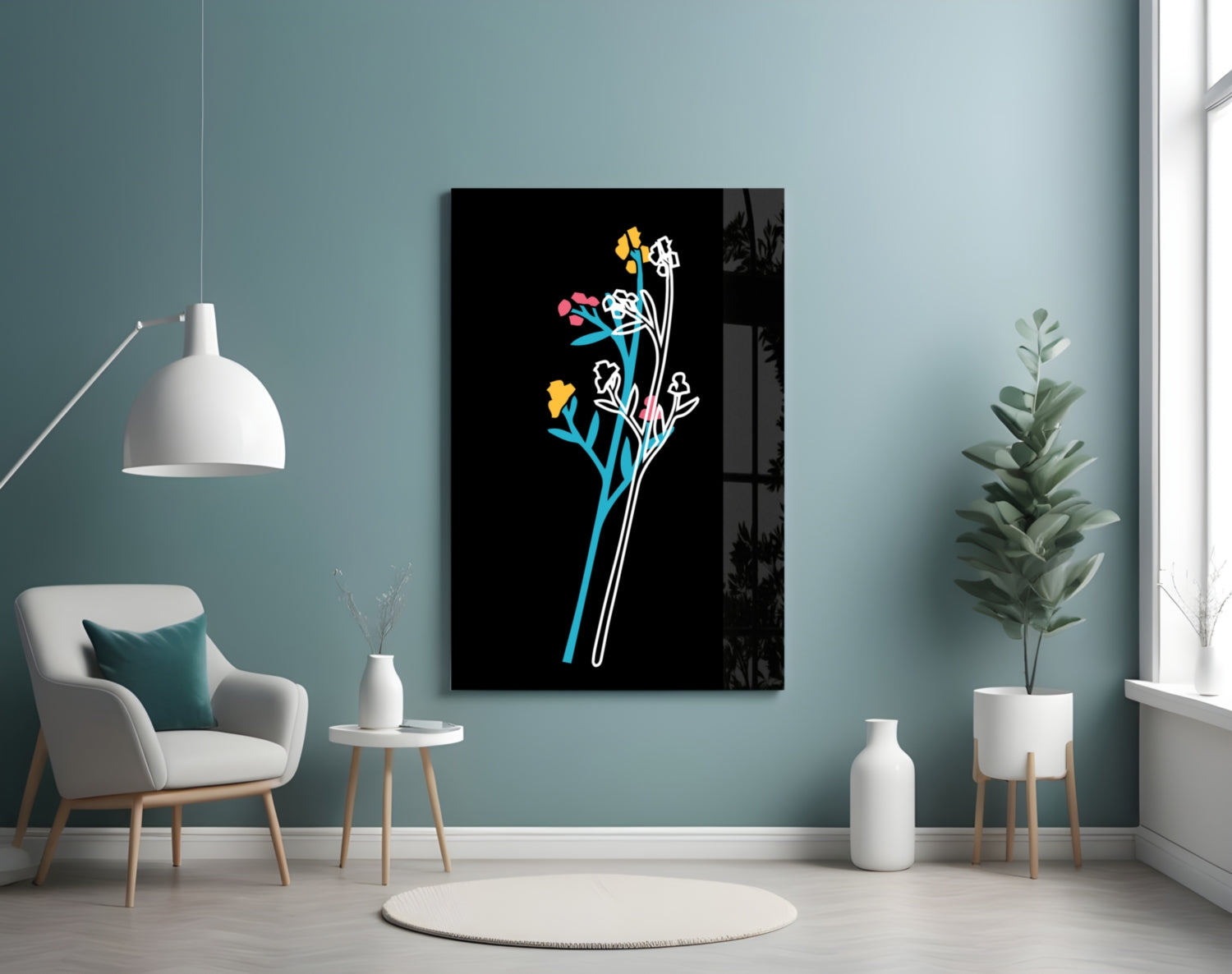 Modern living room interior featuring abstract glass wall art with colorful neon flowers on black background.