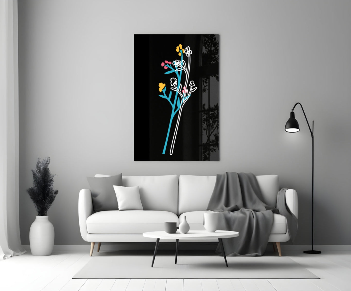 Abstract colorful flowers glass wall art displayed above white sofa in minimalist living room setting.