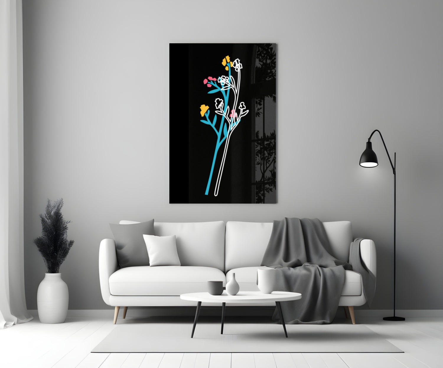 Abstract colorful flowers glass wall art displayed above white sofa in minimalist living room setting.