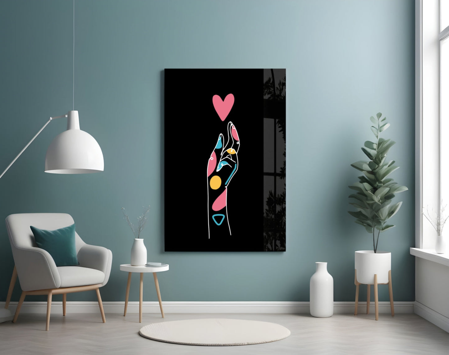 Pink Heart Reaching Line Art Hand Glass Wall Art