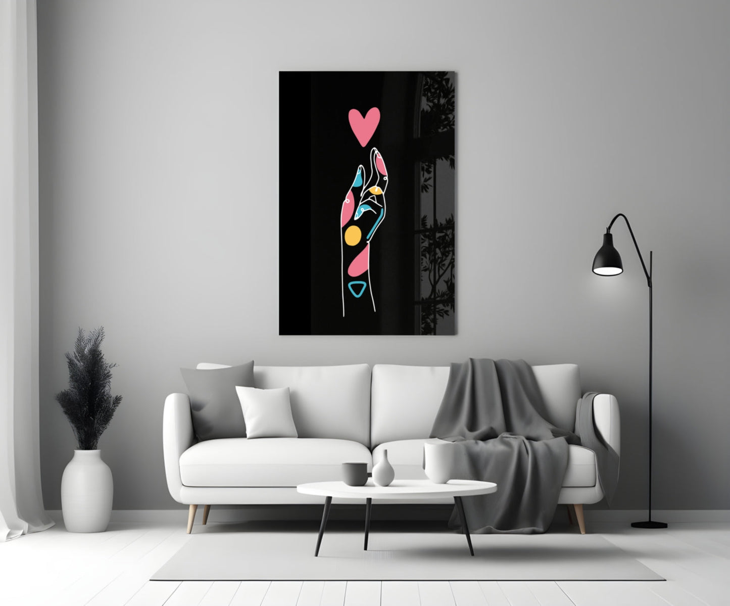 Pink Heart Reaching Line Art Hand Glass Wall Art