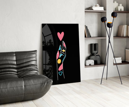 Pink Heart Reaching Line Art Hand Glass Wall Art