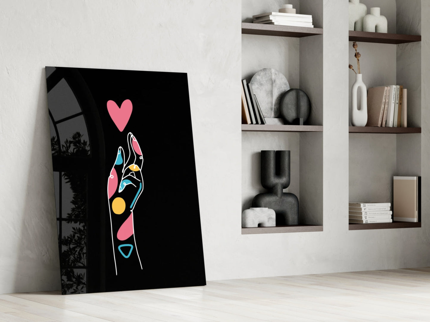 Pink Heart Reaching Line Art Hand Glass Wall Art