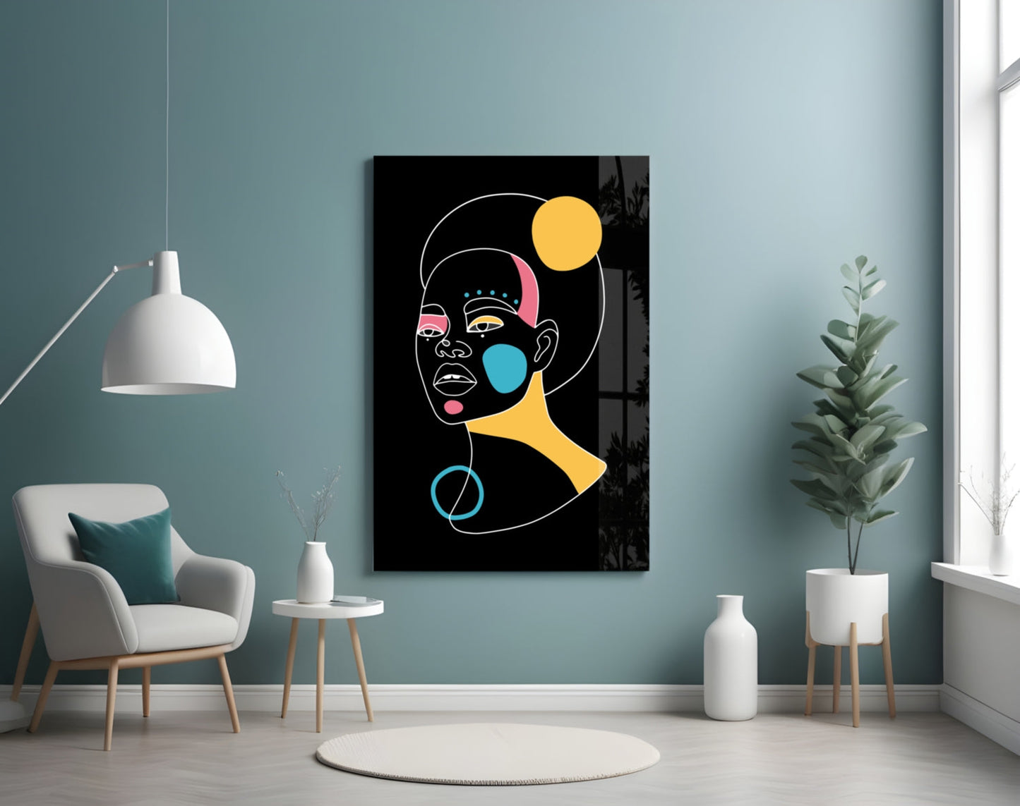 Yellow Moon Top Knot Woman Glass Wall Art