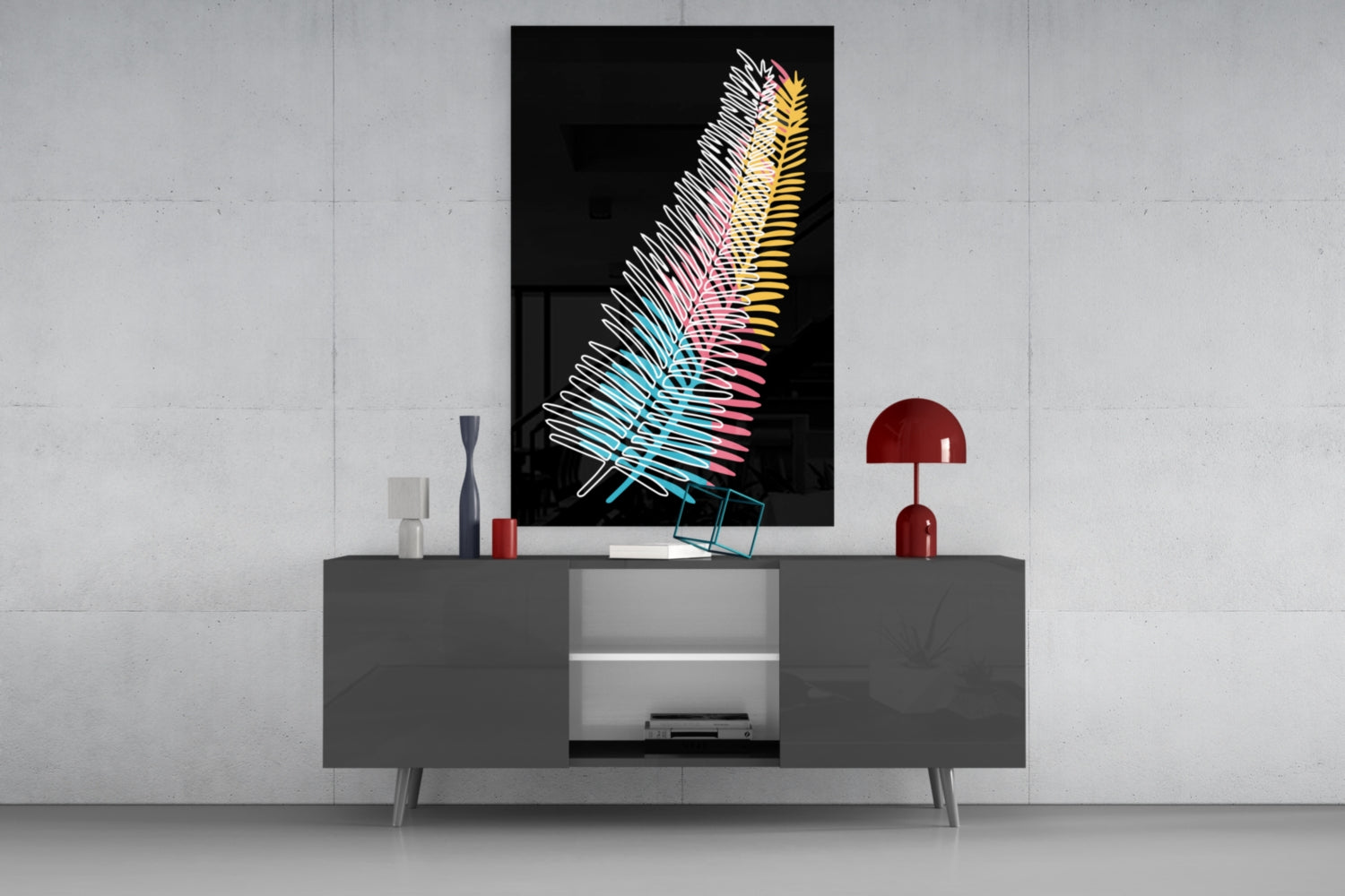 Colorful fern glass wall art with gradient neon colors displayed above a gray media console in a modern interior setting.