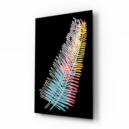 Angled perspective view of black glass panel featuring gradient fern leaf design in white, cyan, pink, and gold.