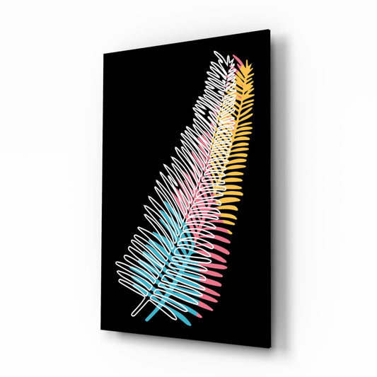 Angled perspective view of black glass panel featuring gradient fern leaf design in white, cyan, pink, and gold.