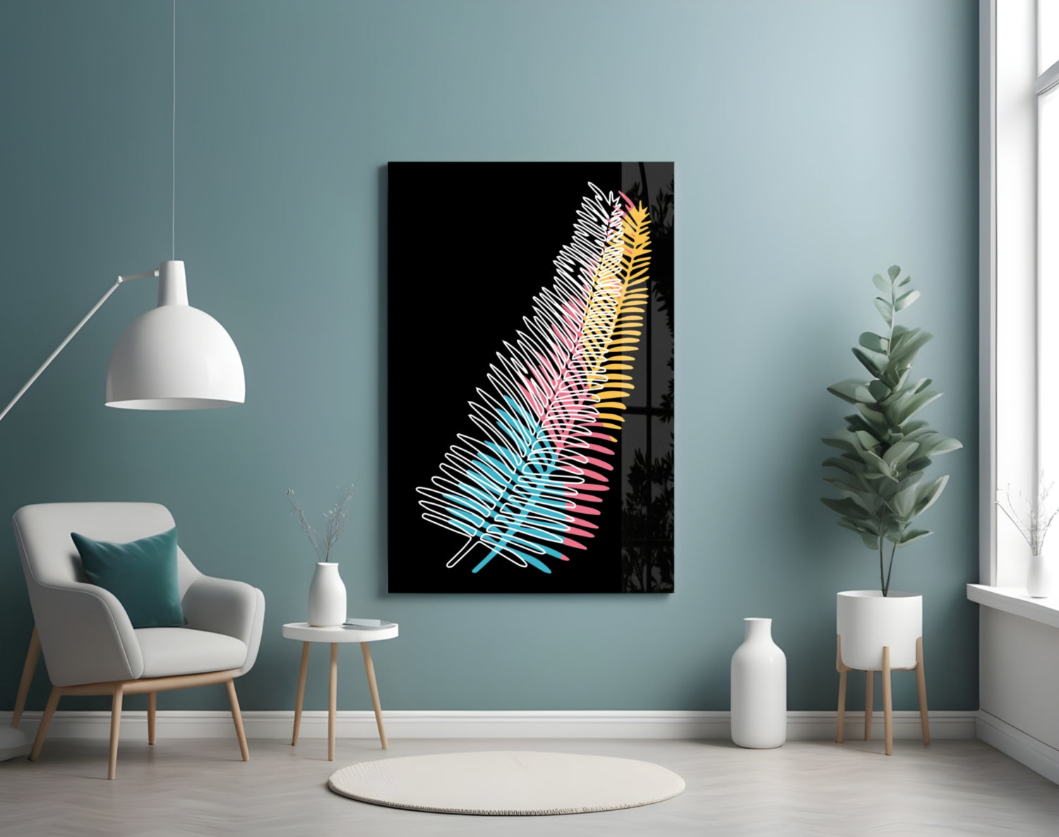 Modern living room interior featuring a colorful neon fern leaf artwork displayed on a teal wall above a white chair.