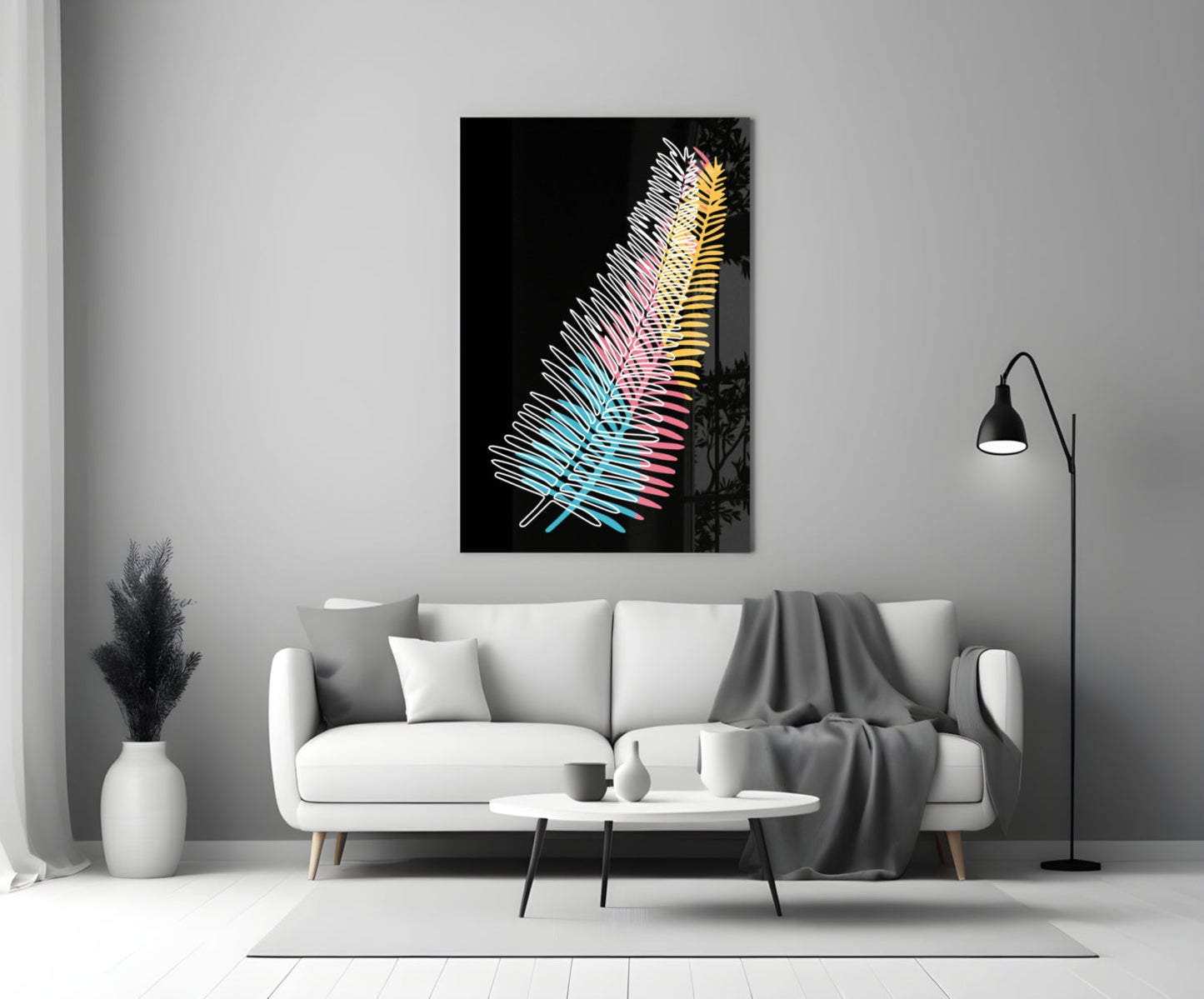 Colorful fern glass wall art with neon blue, pink, and yellow gradient displayed above white sofa in modern living room.