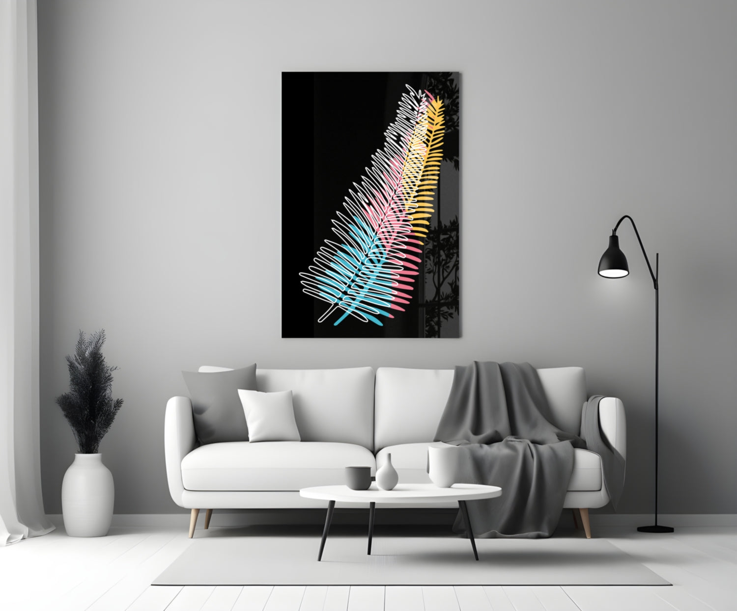 Colorful fern glass wall art with neon blue, pink, and yellow gradient displayed above white sofa in modern living room.