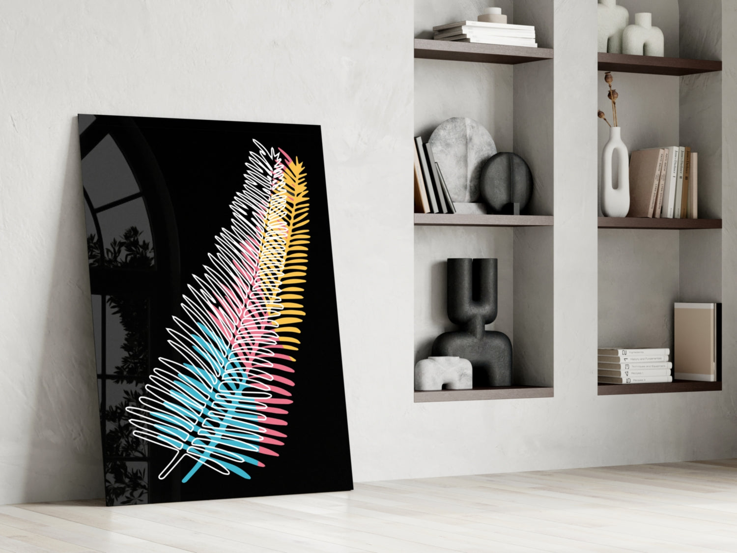 Colorful fern glass wall art with neon cyan, pink, and yellow leaf lines on black background, leaning against wall beside white shelving unit.