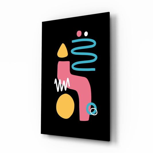 Black glass wall art panel displaying a stylized candle design in pink, yellow, blue, and white with geometric shapes, shown at an angled perspective.