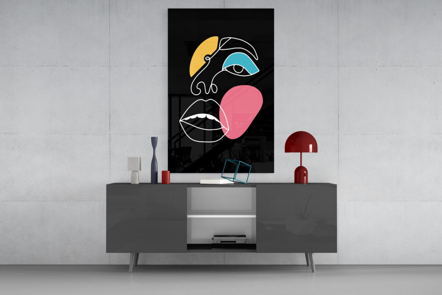 Teal Eye Open Mouth Line Art Face Glass Wall Art