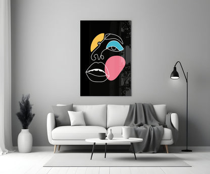 Teal Eye Open Mouth Line Art Face Glass Wall Art
