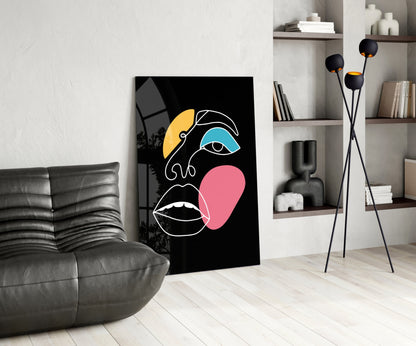 Teal Eye Open Mouth Line Art Face Glass Wall Art