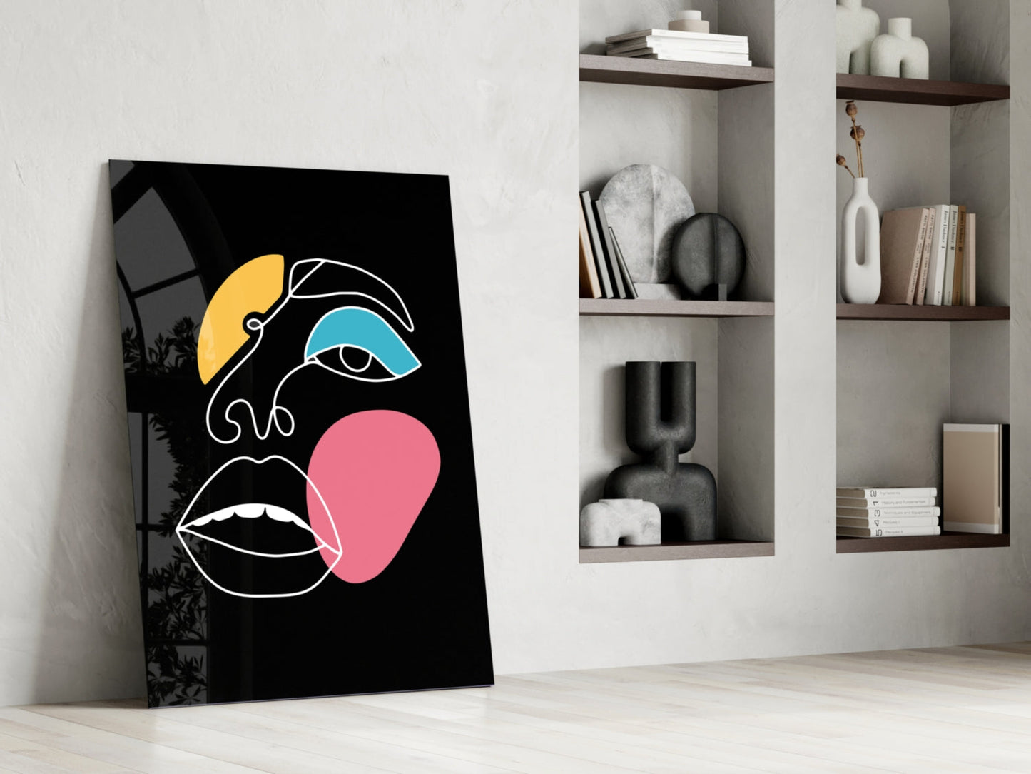 Teal Eye Open Mouth Line Art Face Glass Wall Art