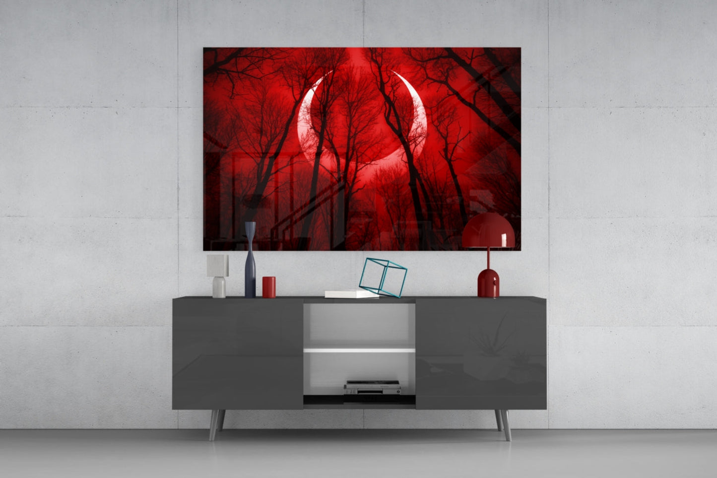Crescent Moon Red Forest Sky Glass Wall Art