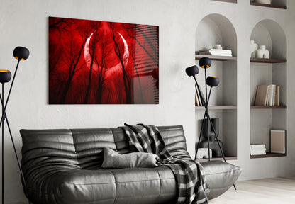 Crescent Moon Red Forest Sky Glass Wall Art