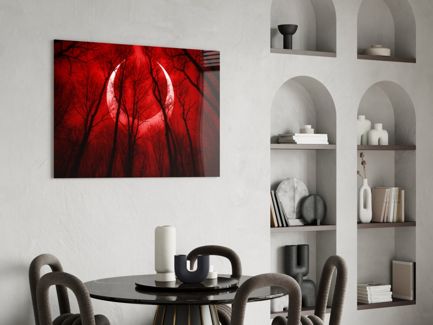Crescent Moon Red Forest Sky Glass Wall Art