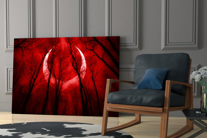 Crescent Moon Red Forest Sky Glass Wall Art