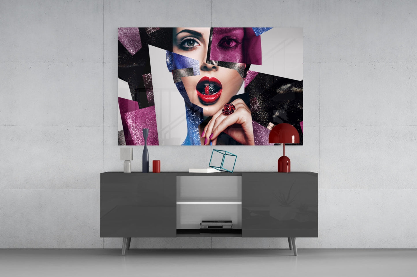 Glitter Collage Red Lips Glass Wall Art