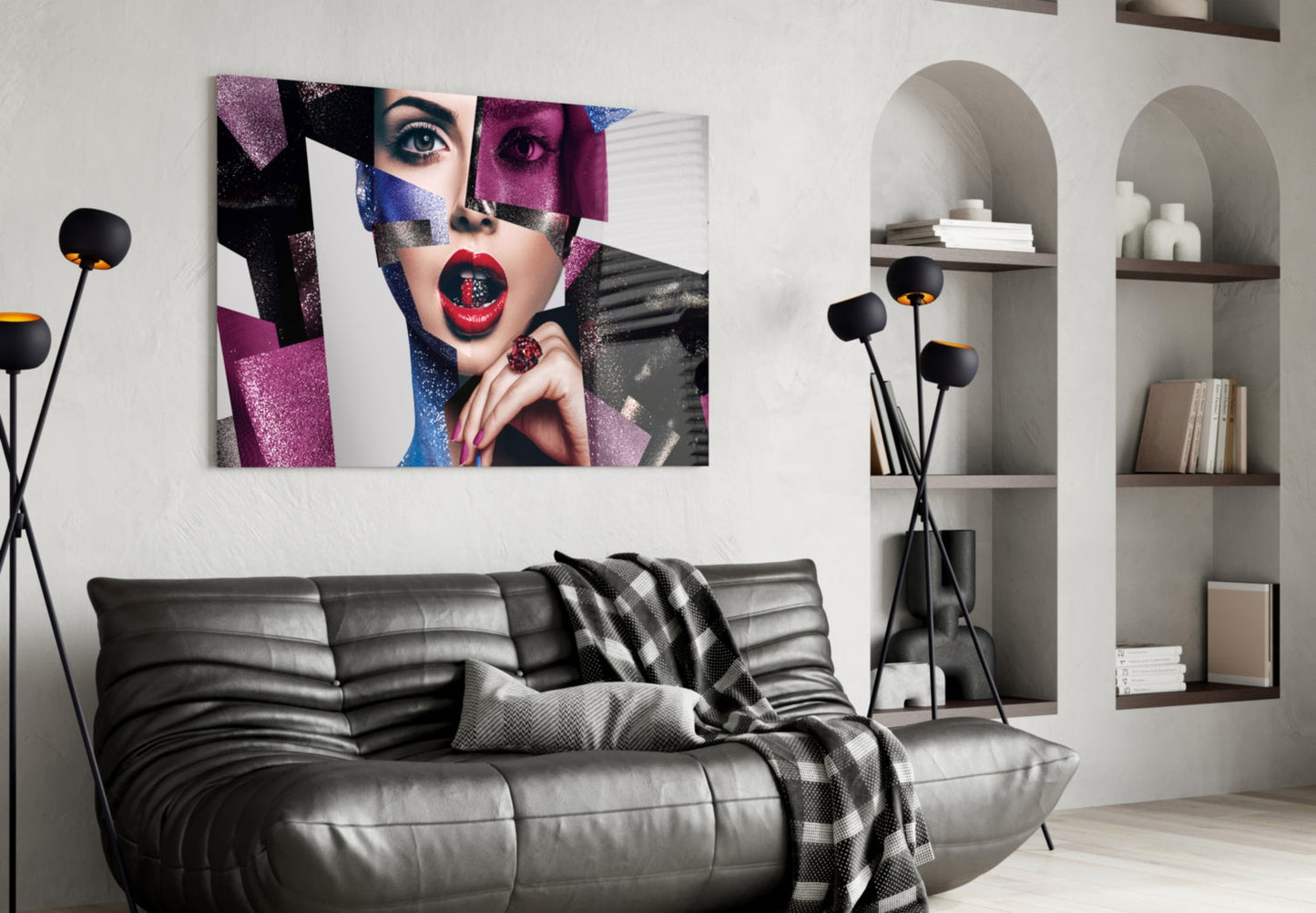 Glitter Collage Red Lips Glass Wall Art