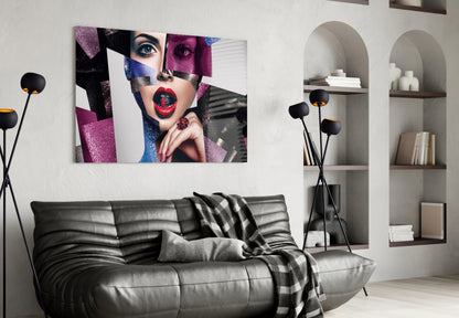 Glitter Collage Red Lips Glass Wall Art