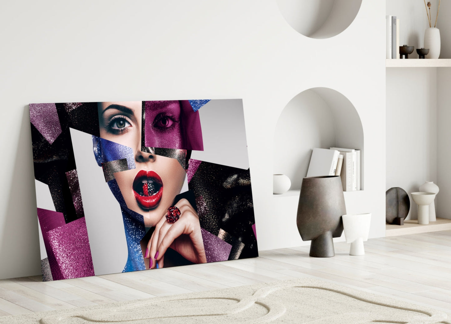 Glitter Collage Red Lips Glass Wall Art