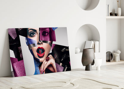 Glitter Collage Red Lips Glass Wall Art