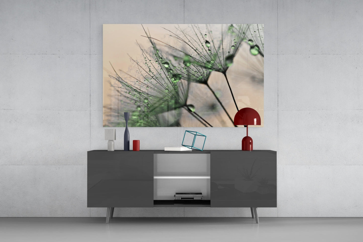 Green Dew Drops Dandelion Wisp Glass Wall Art