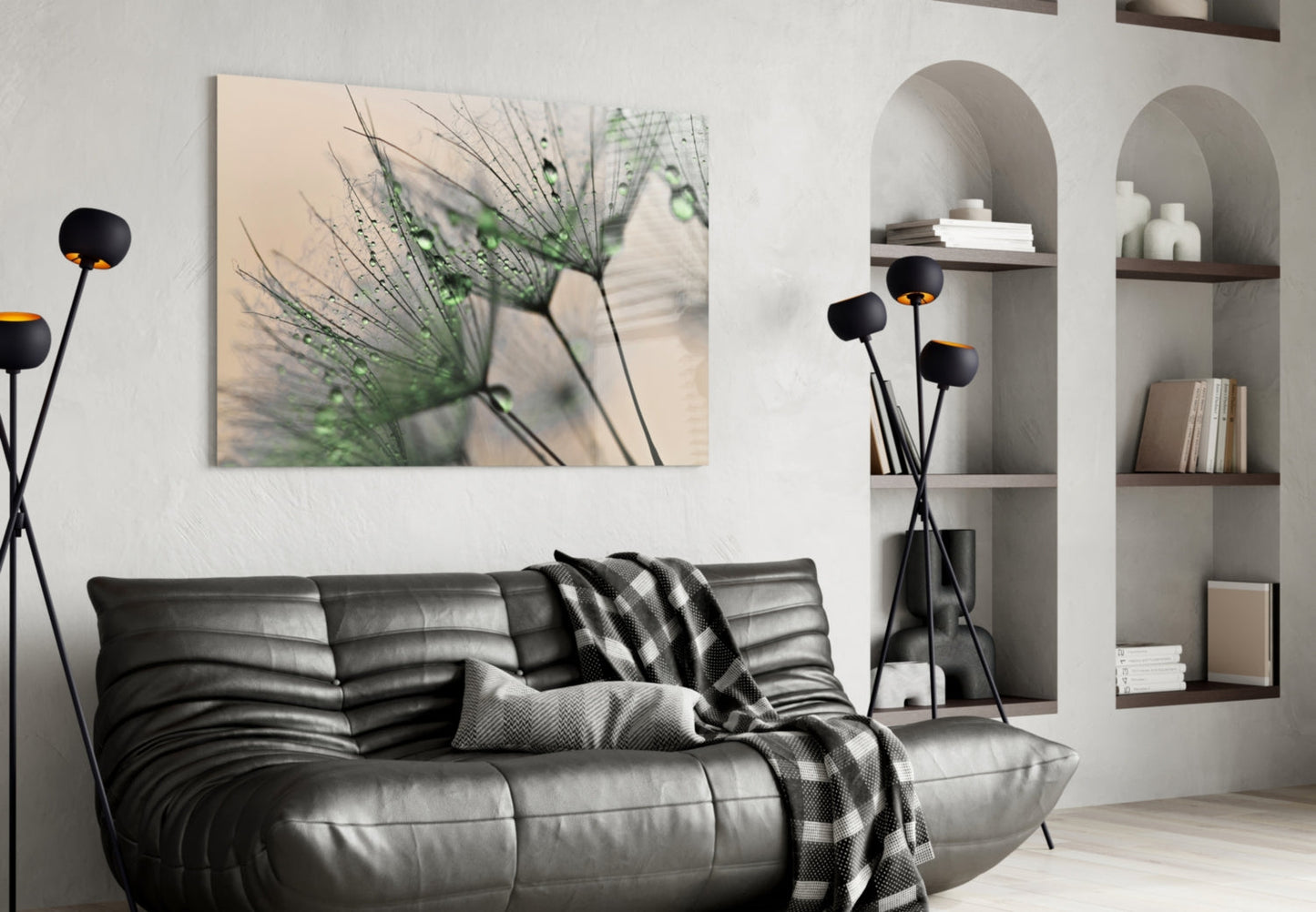 Green Dew Drops Dandelion Wisp Glass Wall Art
