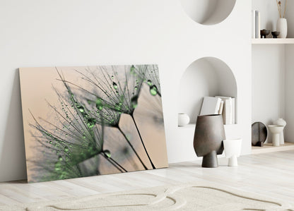 Green Dew Drops Dandelion Wisp Glass Wall Art