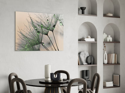 Green Dew Drops Dandelion Wisp Glass Wall Art
