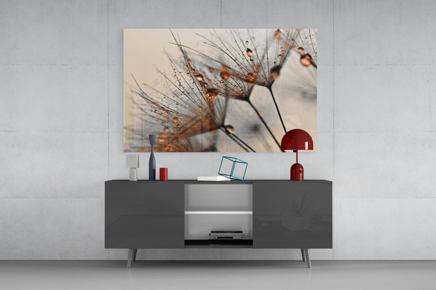 Amber Dewy Dandelion Close Up Glass Wall Art