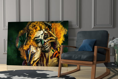 Yellow Curls Skull Face Jester Glass Wall Art