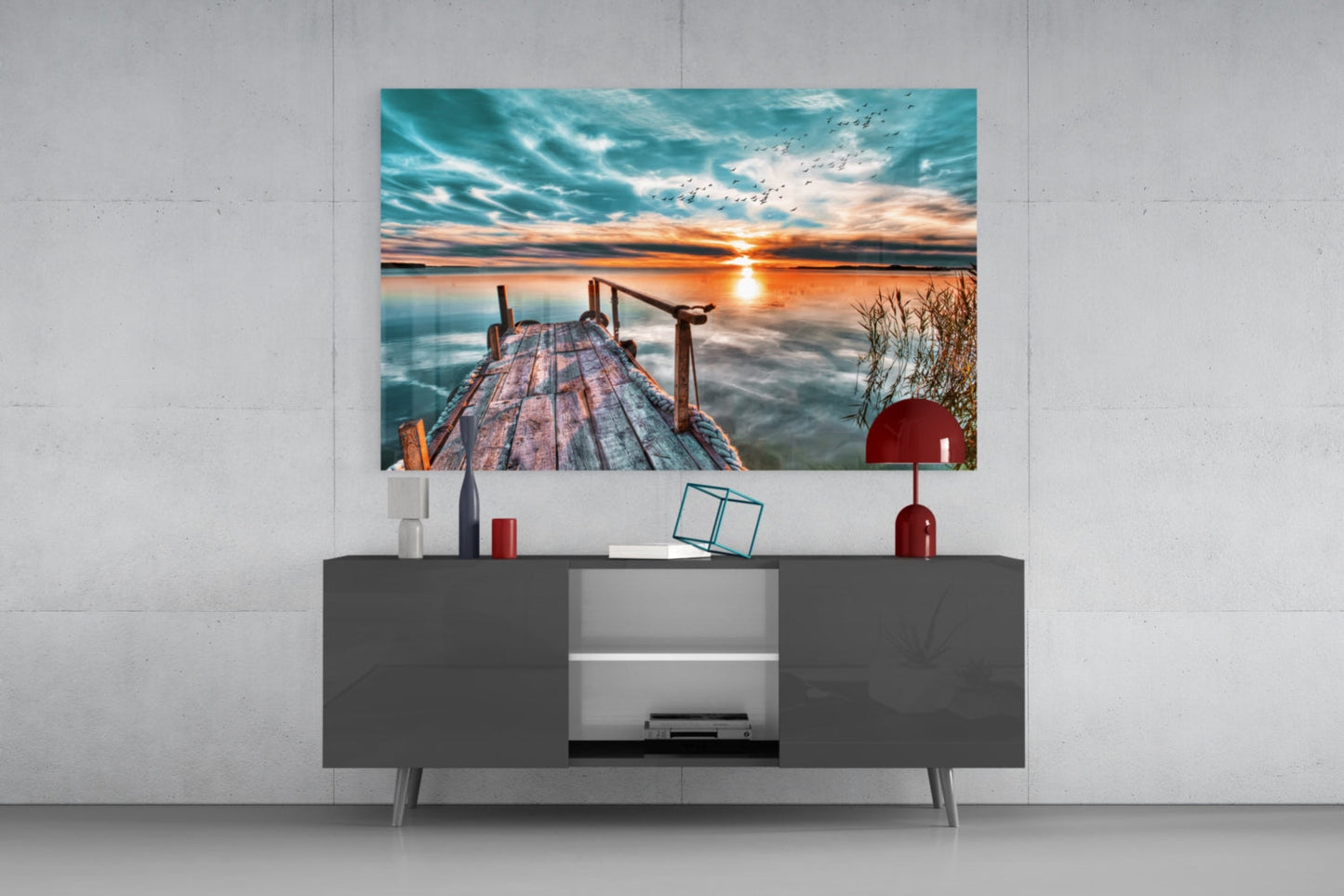Teal Sky Jetty Sunset Glass Wall Art