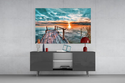 Teal Sky Jetty Sunset Glass Wall Art