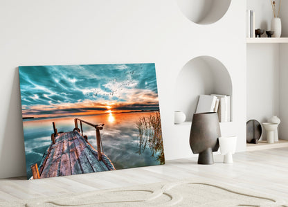 Teal Sky Jetty Sunset Glass Wall Art