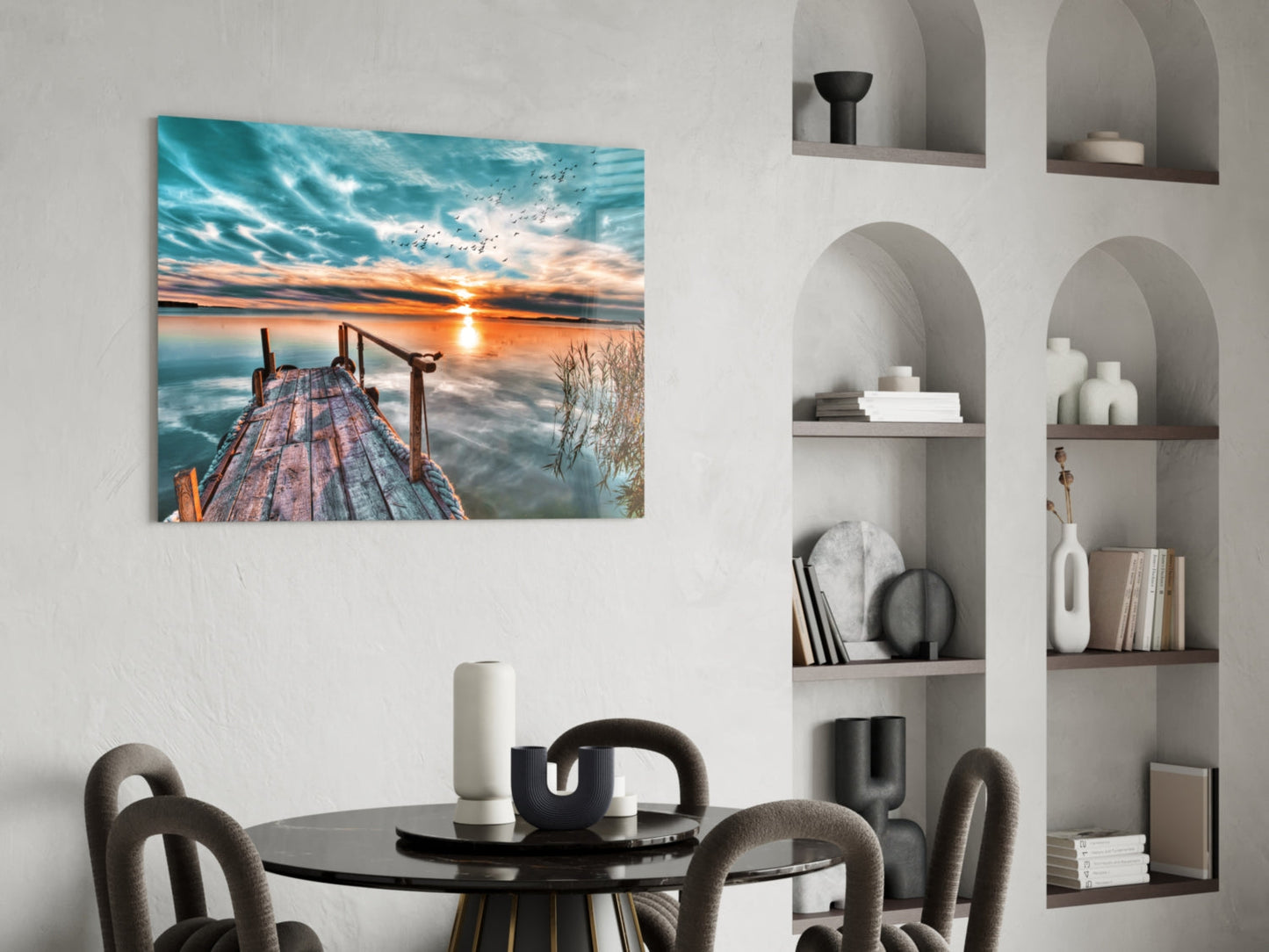 Teal Sky Jetty Sunset Glass Wall Art