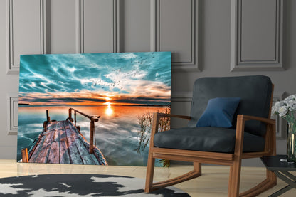 Teal Sky Jetty Sunset Glass Wall Art