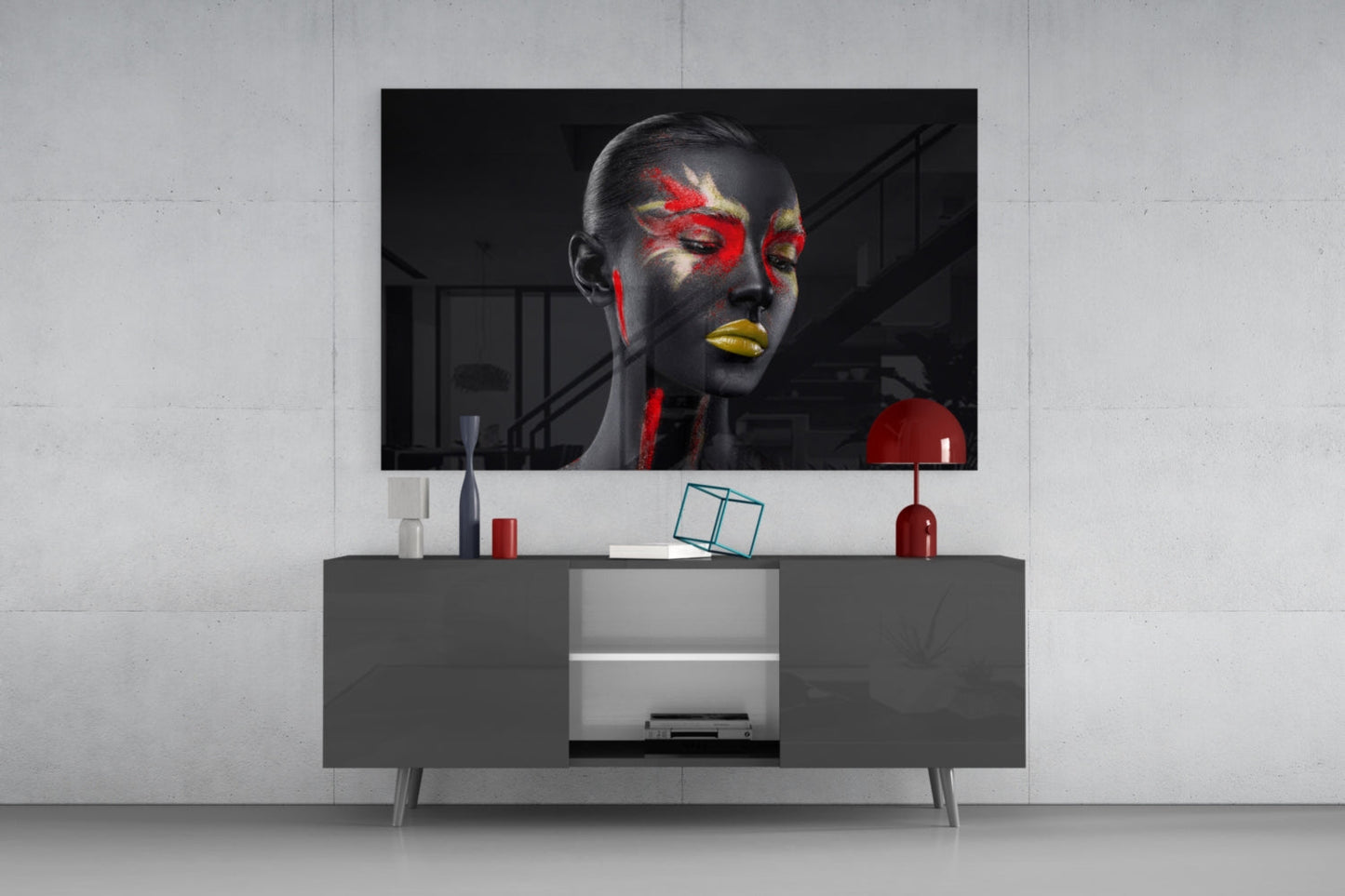 Red Gold Splatter Face Glass Wall Art