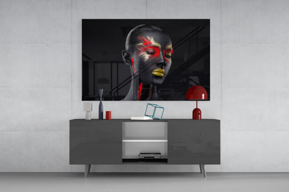 Red Gold Splatter Face Glass Wall Art