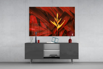 Golden Bloom Dark Red Foliage Glass Wall Art