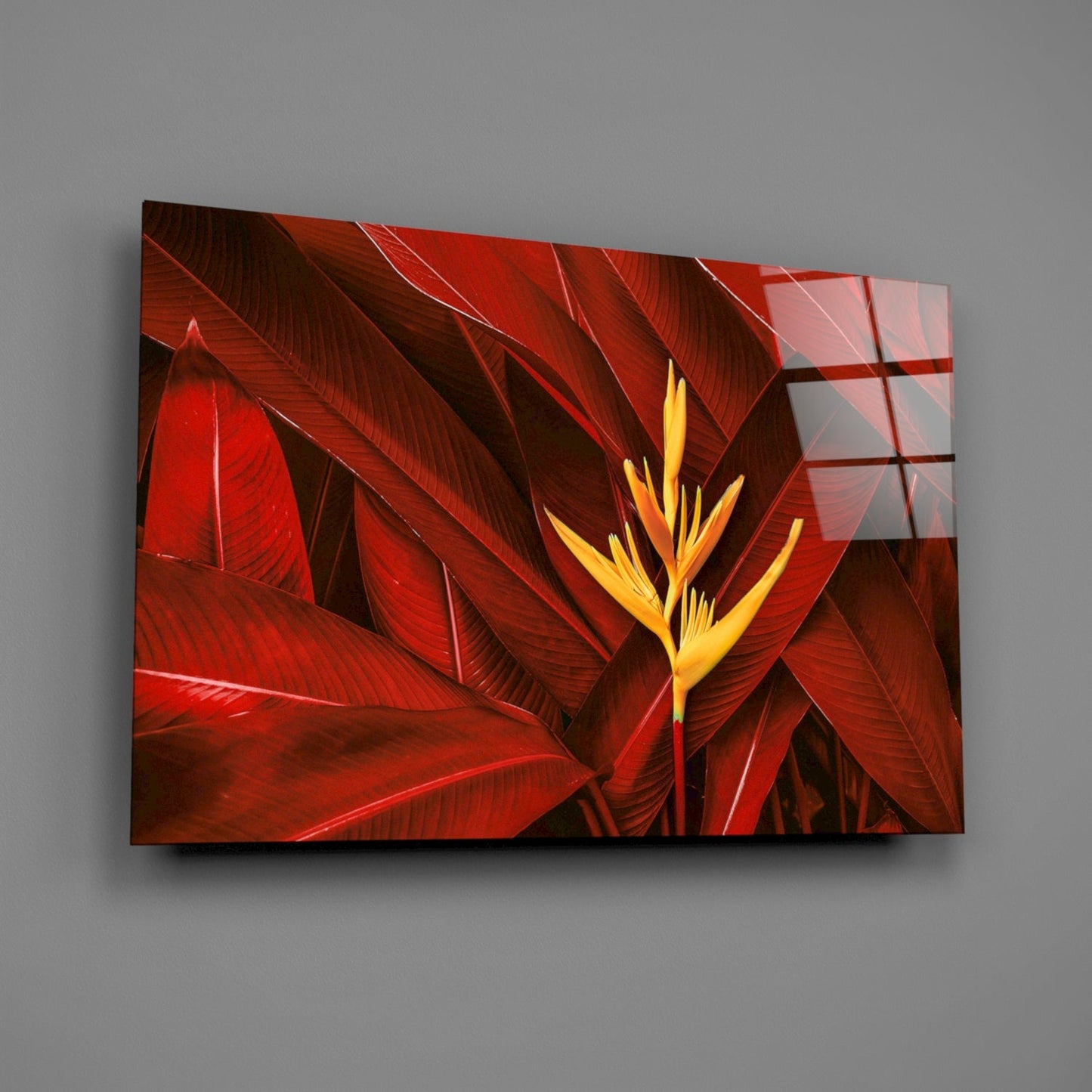 Golden Bloom Dark Red Foliage Glass Wall Art