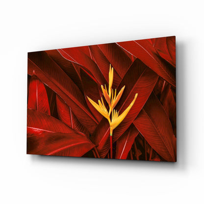 Golden Bloom Dark Red Foliage Glass Wall Art