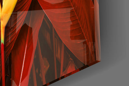 Golden Bloom Dark Red Foliage Glass Wall Art